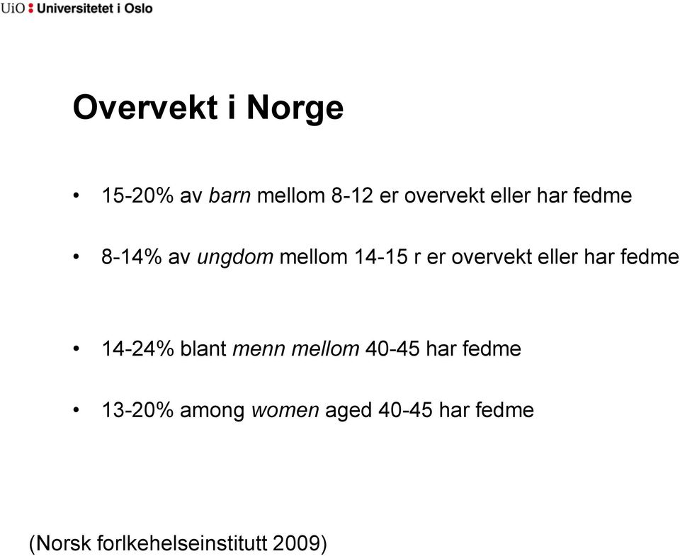 har fedme 14-24% blant menn mellom 40-45 har fedme 13-20%