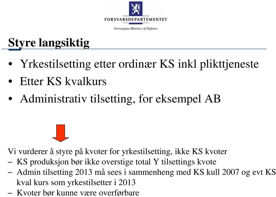 KS kvoter KS produksjon bør ikke overstige total Y tilsettings kvote Admin tilsetting 2013 må sees