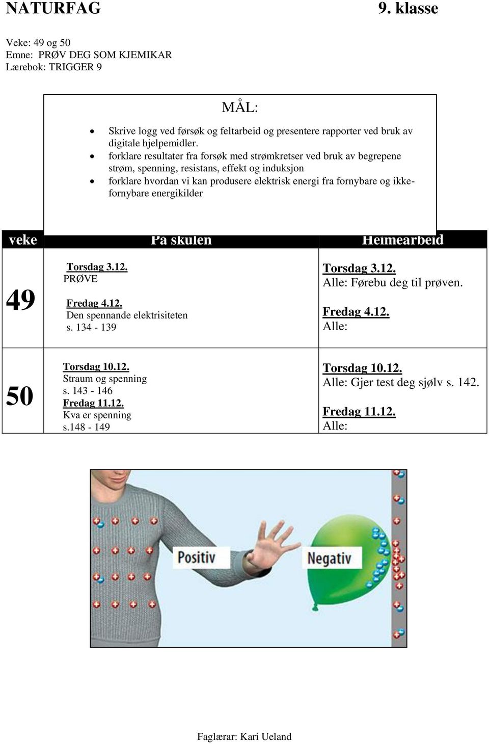 fornybare og ikkefornybare energikilder veke På skulen Heimearbeid Torsdag 3.12. PRØVE Fredag 4.12. Den spennande elektrisiteten s. 134-139 Torsdag 10.12. Straum og spenning s.
