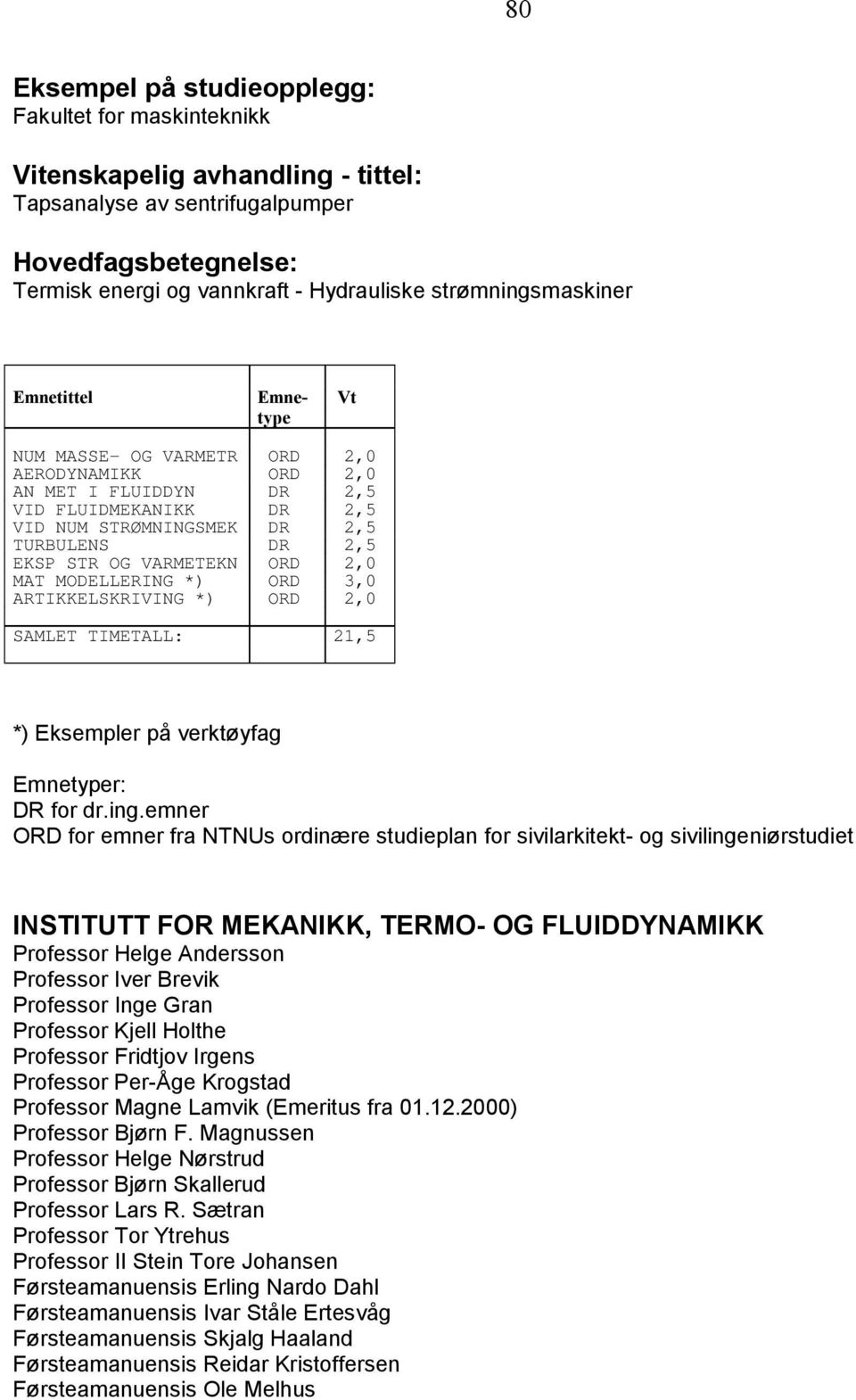 OG VARMETEKN ORD 2,0 MAT MODELLERING *) ORD 3,0 ARTIKKELSKRIVING *) ORD 2,0 SAMLET TIMETALL: 21,5 *) Eksempler på verktøyfag Emnetyper: DR for dr.ing.