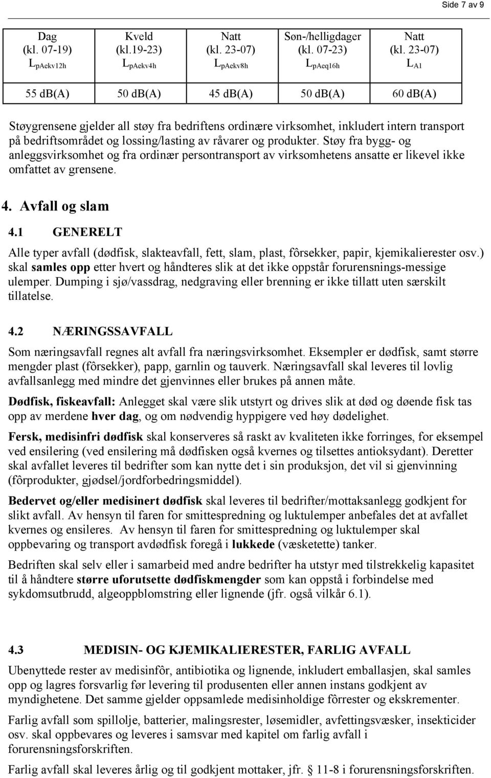 og produkter. Støy fra bygg- og anleggsvirksomhet og fra ordinær persontransport av virksomhetens ansatte er likevel ikke omfattet av grensene. 4. Avfall og slam 4.