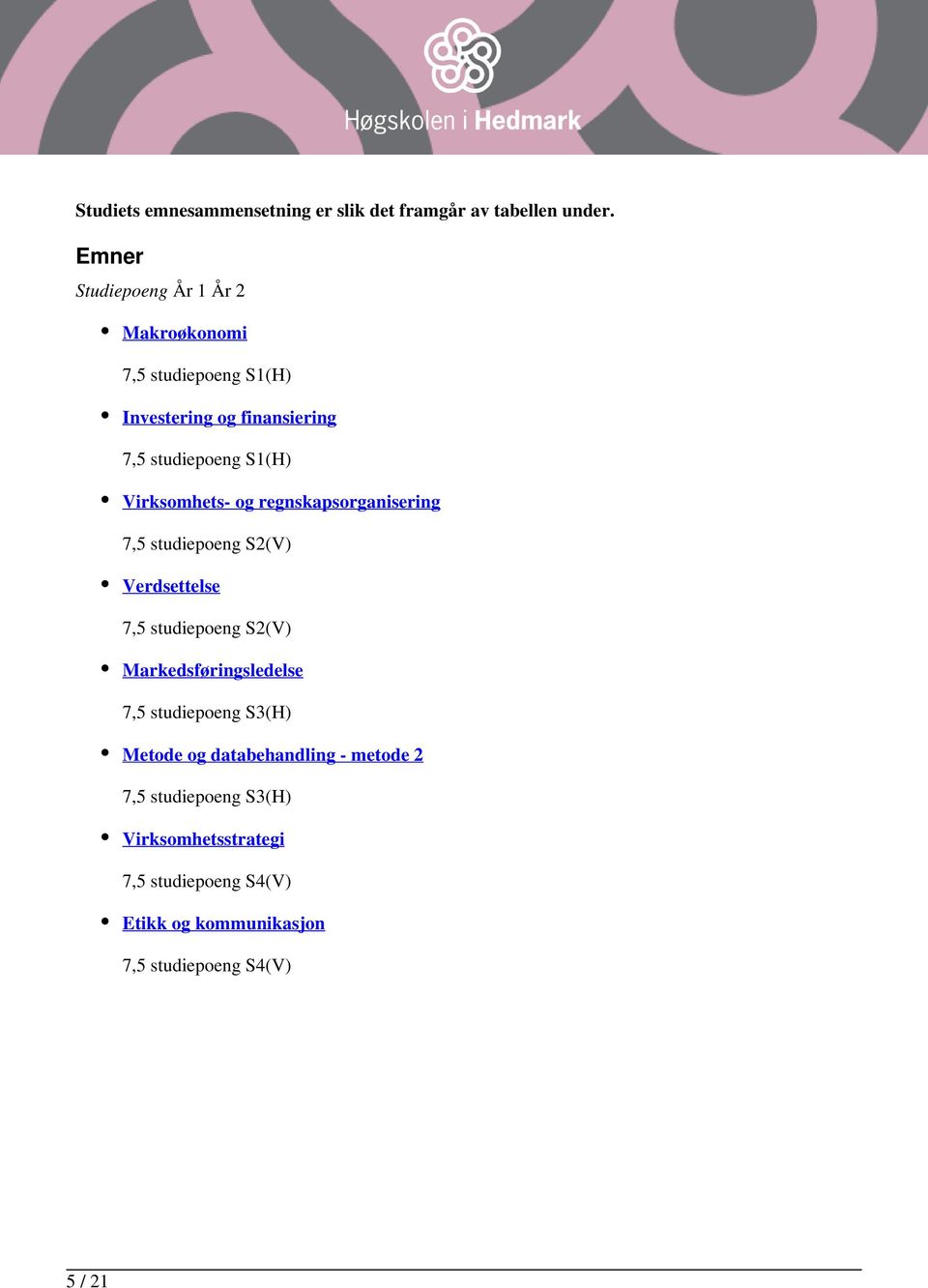 Virksomhets- og regnskapsorganisering 7,5 studiepoeng S2(V) Verdsettelse 7,5 studiepoeng S2(V) Markedsføringsledelse