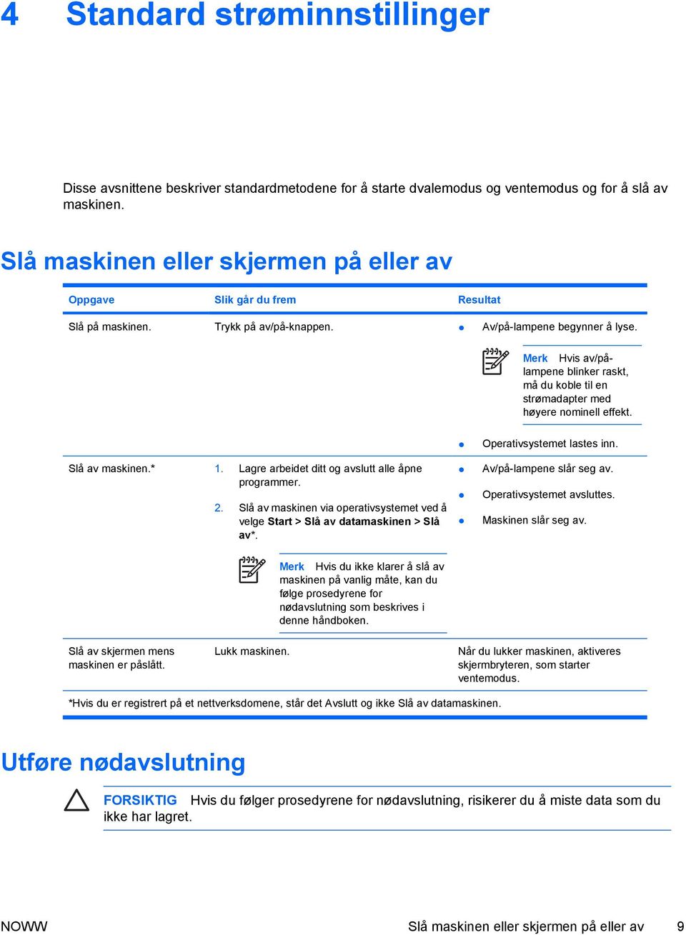 Merk Hvis av/pålampene blinker raskt, må du koble til en strømadapter med høyere nominell effekt. Slå av maskinen.* 1. Lagre arbeidet ditt og avslutt alle åpne programmer. 2.