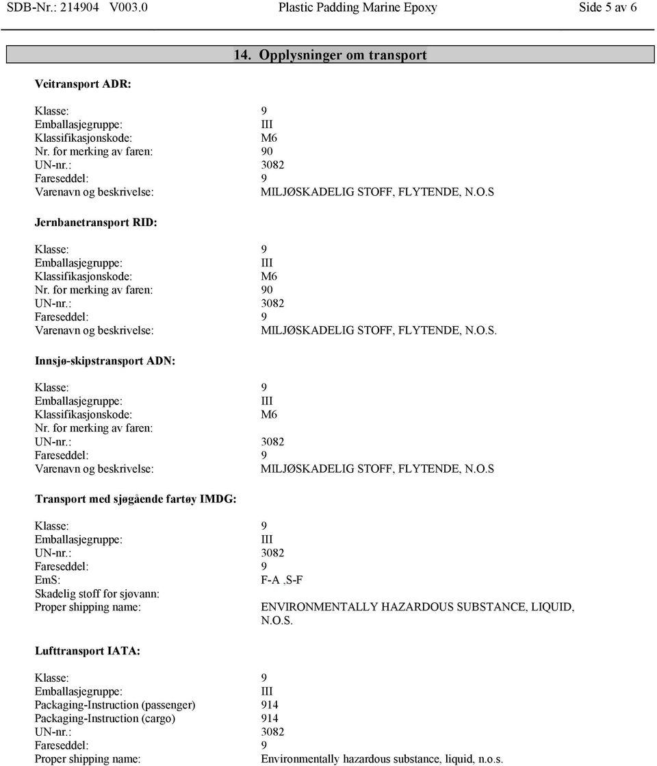 for merking av faren: 90 Varenavn og beskrivelse: MILJØSKADELIG STOFF, FLYTENDE, N.O.S. Innsjø-skipstransport ADN: Klassifikasjonskode: M6 Nr.