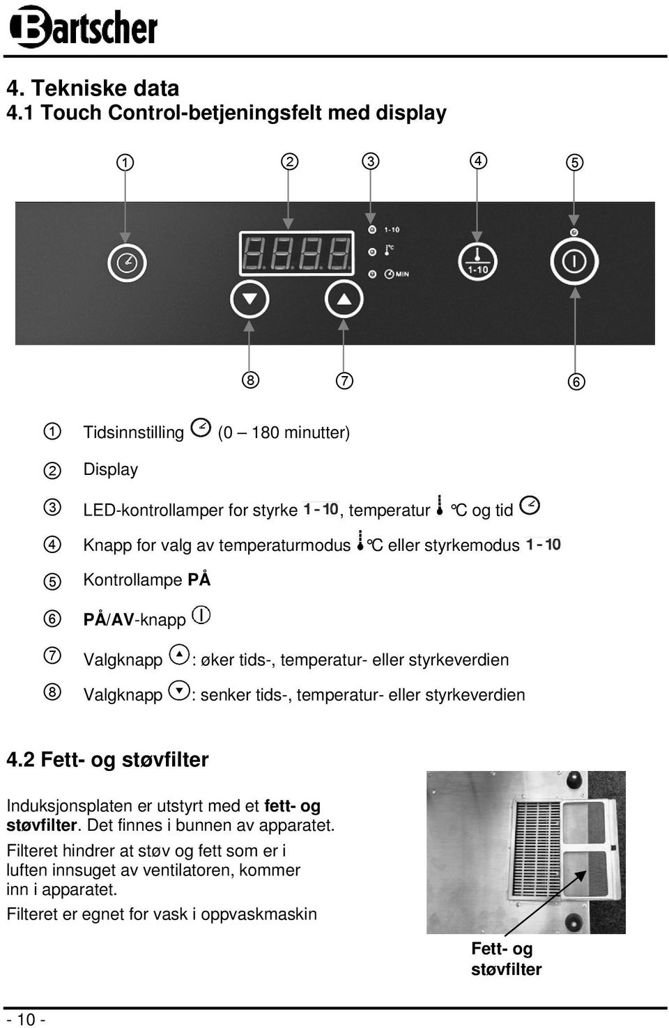 Knapp for valg av temperaturmodus C eller styrkemodus Kontrollampe PÅ PÅ/AV-knapp 7 Valgknapp : øker tids-, temperatur- eller styrkeverdien 8 Valgknapp : senker