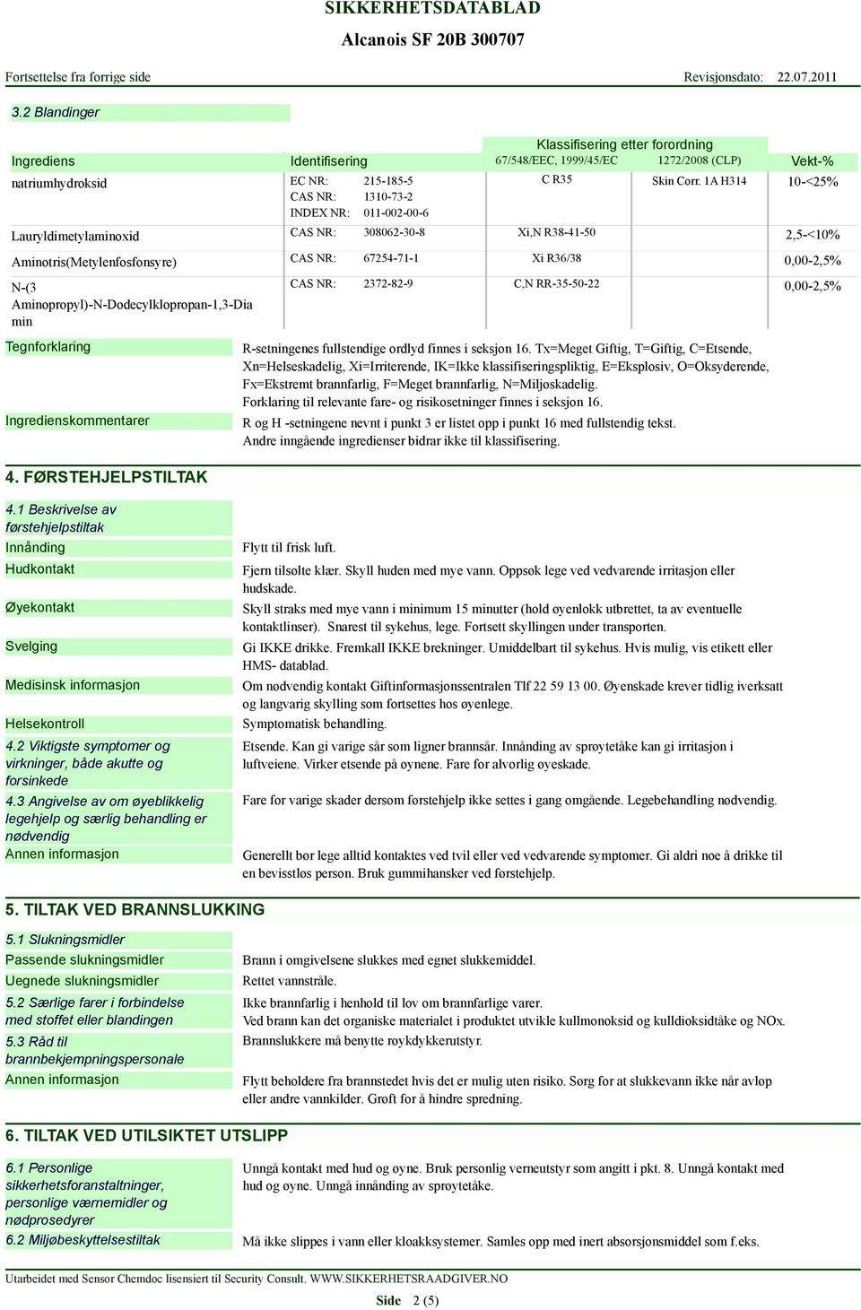 Ingredienskommentarer CAS NR: 2372-82-9 C,N RR-35-50-22 Skin Corr. 1A H314 R-setningenes fullstendige ordlyd finnes i seksjon 16.