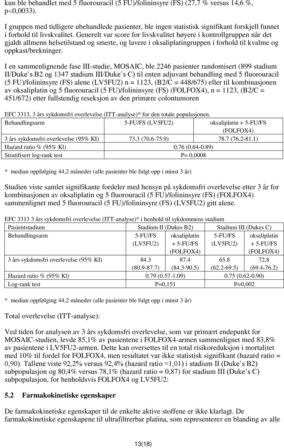 Generelt var score for livskvalitet høyere i kontrollgruppen når det gjaldt allmenn helsetilstand og smerte, og lavere i oksaliplatingruppen i forhold til kvalme og oppkast/brekninger.