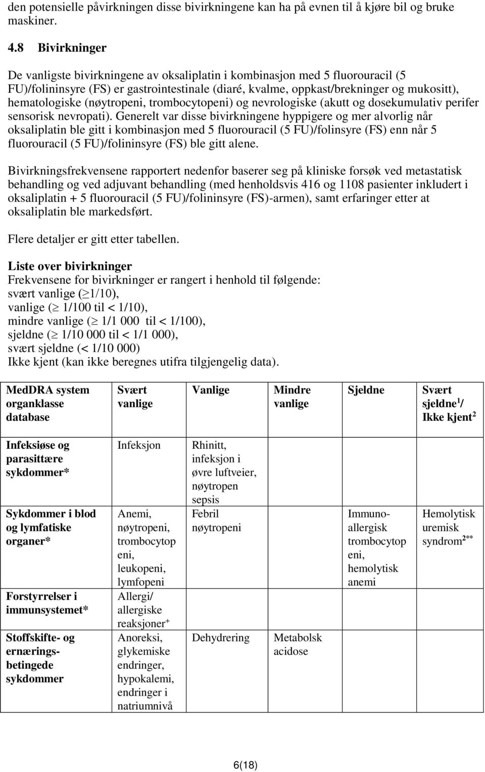 (nøytropeni, trombocytopeni) og nevrologiske (akutt og dosekumulativ perifer sensorisk nevropati).