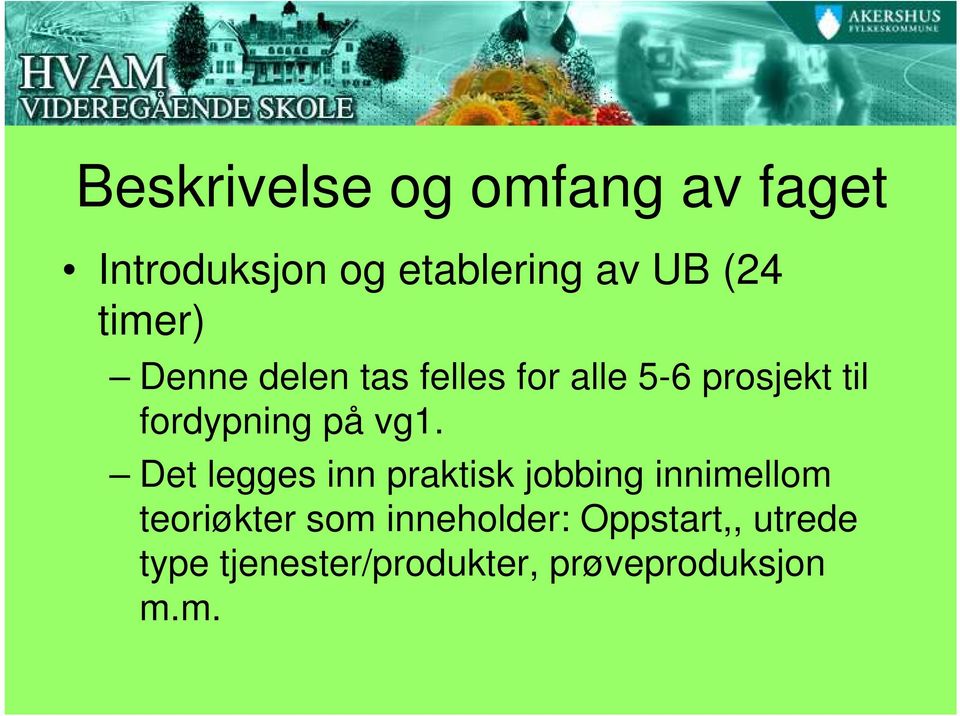 vg1. Det legges inn praktisk jobbing innimellom teoriøkter som