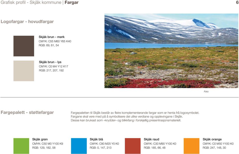 Fargane skal vere med på å symbolisere dei ulike verdiane og opplevingane i Skjåk. Desse kan brukast som «krydder» og blikkfang i forskjellig presentrasjonsmateriell.