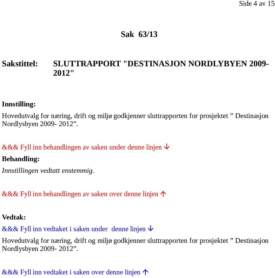 Destinasjon Nordlysbyen 2009-2012. Innstillingen vedtatt enstemmig.