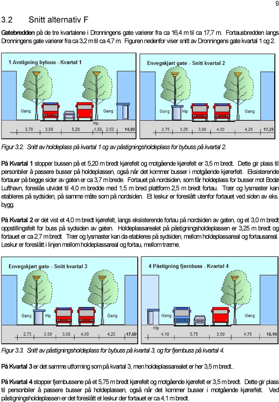 På Kvartal 1 stopper bussen på et 5,20 m bredt kjørefelt og motgående kjørefelt er 3,5 m bredt.