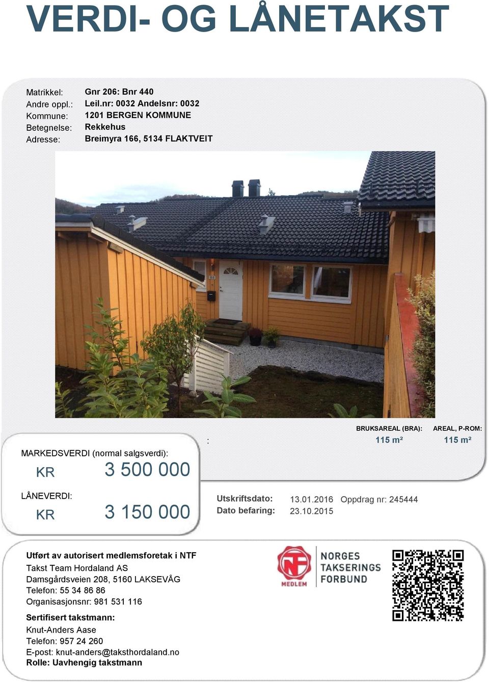 BRUKSAREAL (BRA): AREAL, P-ROM: : 115 m² 115 m² Utskriftsdato: 13.01.2016 Oppdrag nr: 245444 Dato befaring: 23.10.