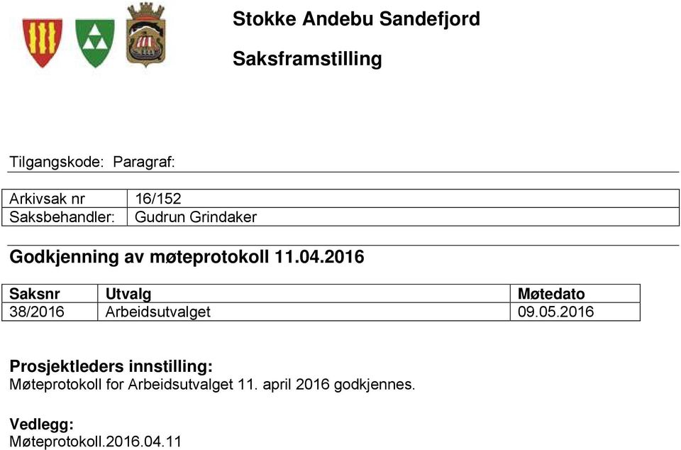 2016 Saksnr Utvalg Møtedato 38/2016 Arbeidsutvalget 09.05.