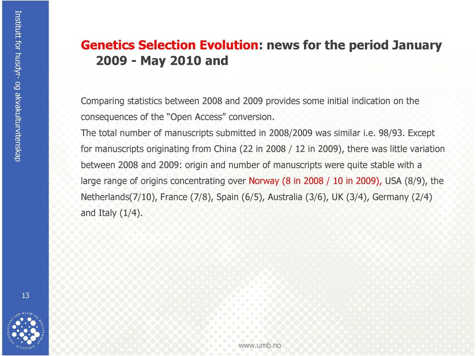 Except for manuscripts originating from China (22 in 2008 / 12 in 2009), there was little variation between 2008 and 2009: origin and number of manuscripts were