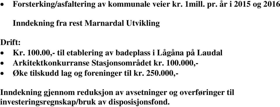 00,- til etablering av badeplass i Lågåna på Laudal Arkitektkonkurranse Stasjonsområdet kr. 100.