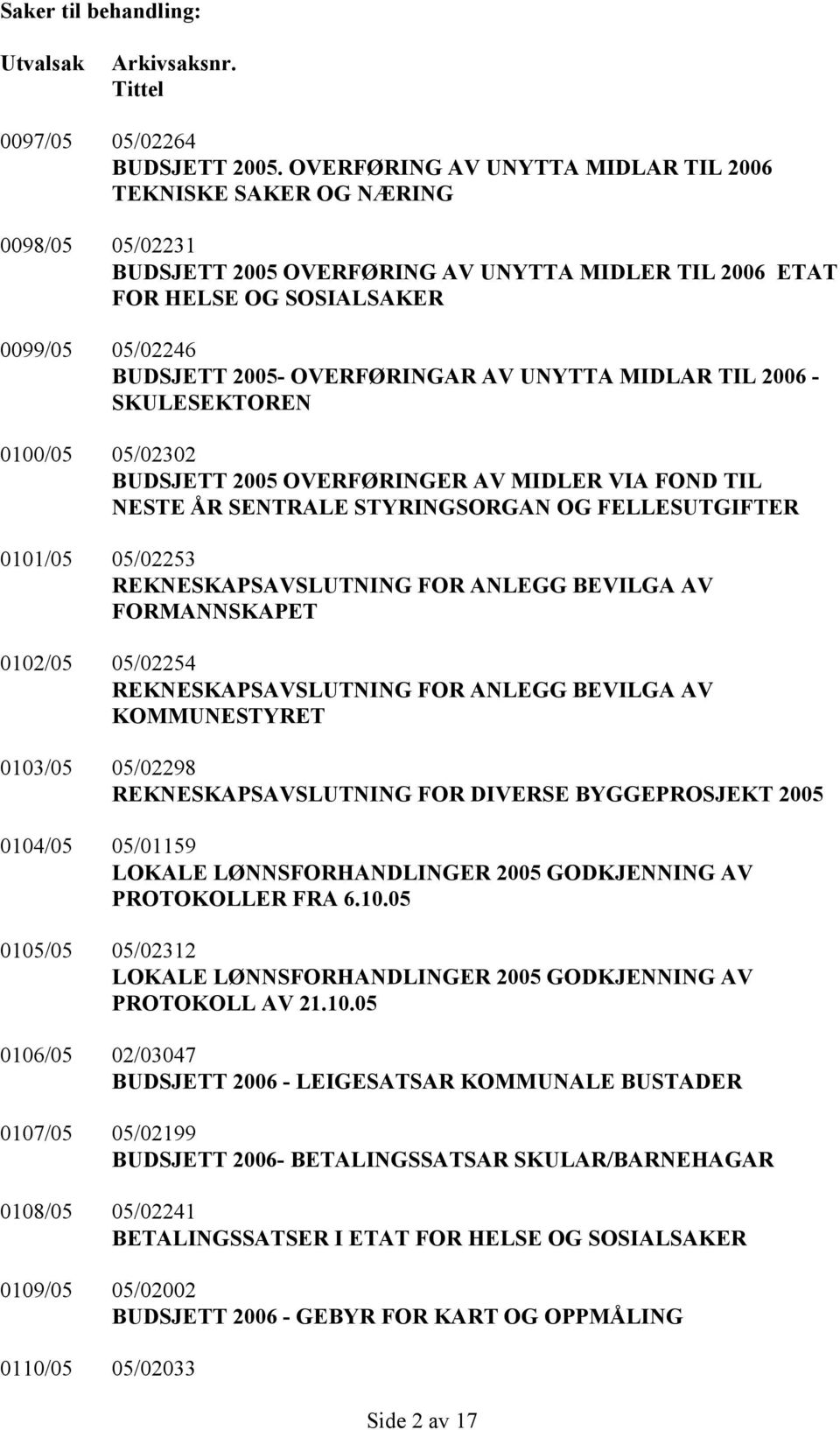 OVERFØRINGAR AV UNYTTA MIDLAR TIL 2006 - SKULESEKTOREN 0100/05 05/02302 BUDSJETT 2005 OVERFØRINGER AV MIDLER VIA FOND TIL NESTE ÅR SENTRALE STYRINGSORGAN OG FELLESUTGIFTER 0101/05 05/02253