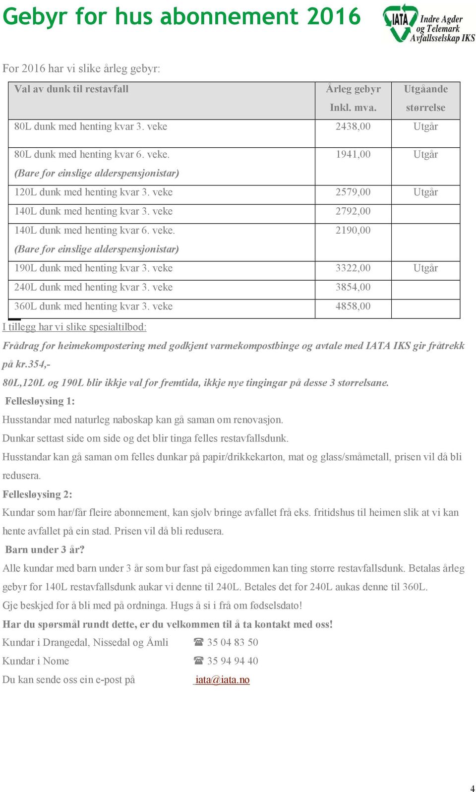 veke 2792,00 140L dunk med henting kvar 6. veke. 2190,00 (Bare for einslige alderspensjonistar) 190L dunk med henting kvar 3. veke 3322,00 Utgår 240L dunk med henting kvar 3.