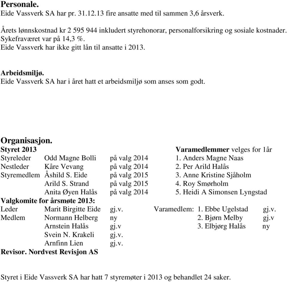 Styret 2013 Varamedlemmer velges for 1år Styreleder Odd Magne Bolli på valg 2014 1. Anders Magne Naas Nestleder Kåre Vevang på valg 2014 2. Per Arild Halås Styremedlem Åshild S. Eide på valg 2015 3.