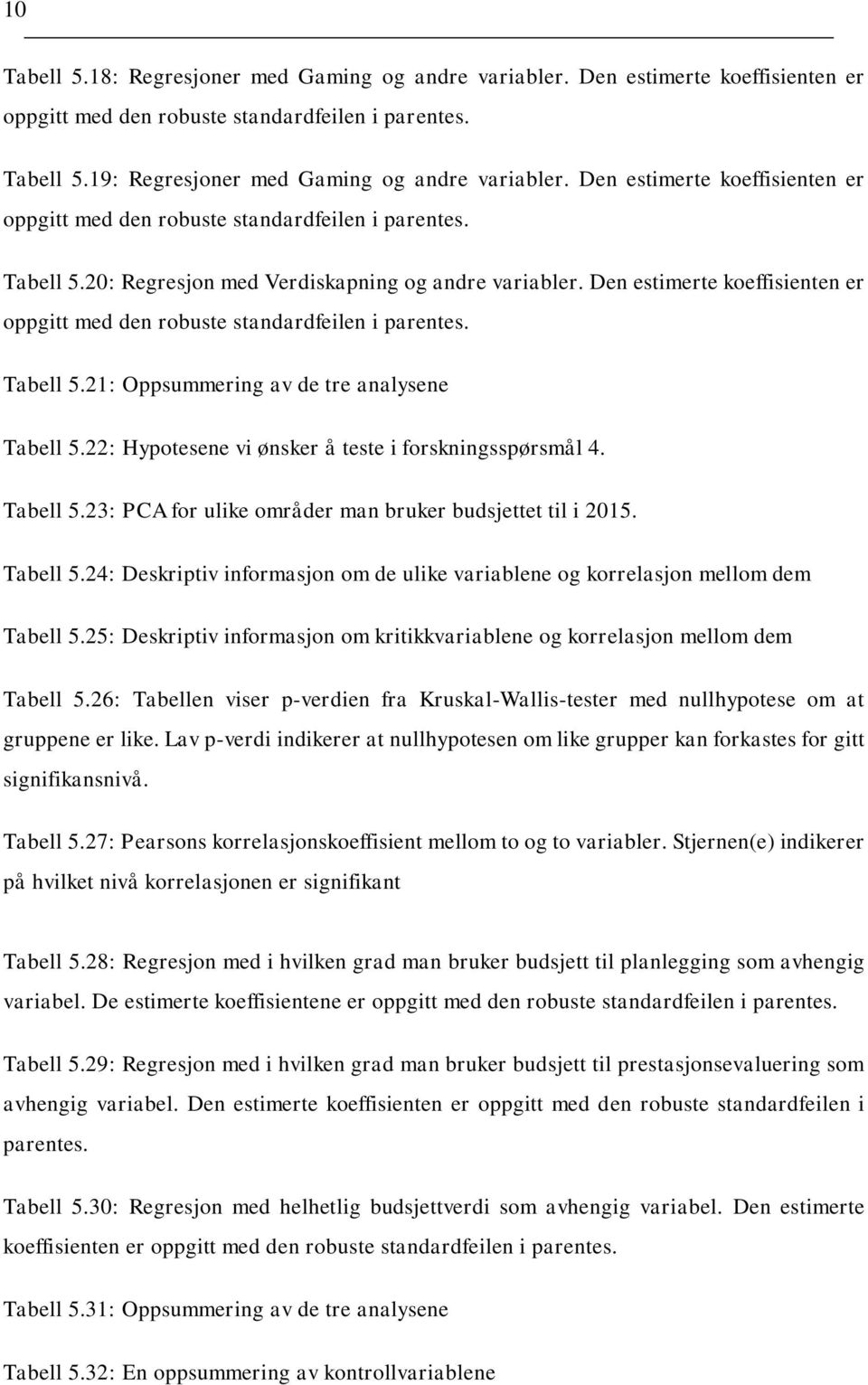 Den estimerte koeffisienten er oppgitt med den robuste standardfeilen i parentes. Tabell 5.21: Oppsummering av de tre analysene Tabell 5.22: Hypotesene vi ønsker å teste i forskningsspørsmål 4.