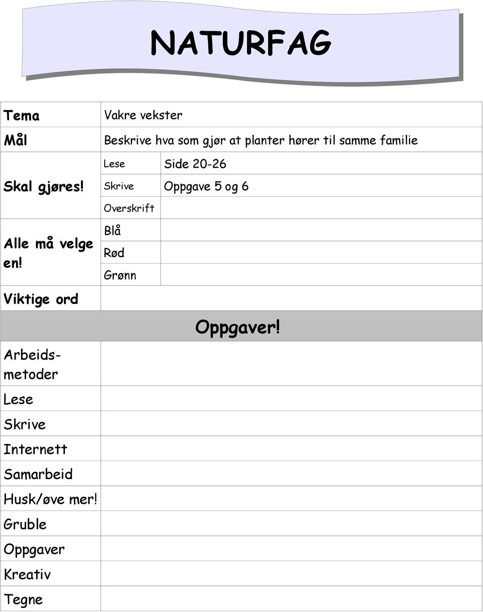 familie Side 20-26 Skrive Oppgave 5 og 6 Overskrift Alle må velge