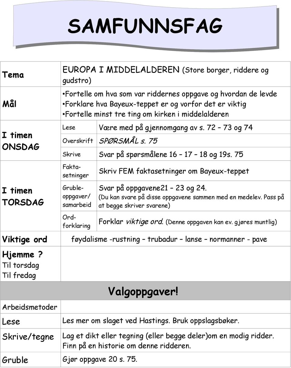 75 TORSDAG Faktasetninger Grubleoppgaver/ samarbeid Ordforklaring Skriv FEM faktasetninger om Bayeux-teppet Svar på oppgavene21 23 og 24. (Du kan svare på disse oppgavene sammen med en medelev.