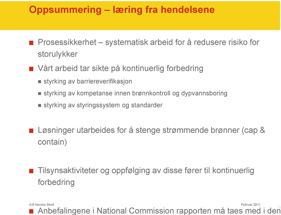 dypvannsboring styrking av styringssystem og standarder Løsninger utarbeides for å stenge strømmende brønner (cap & contain)