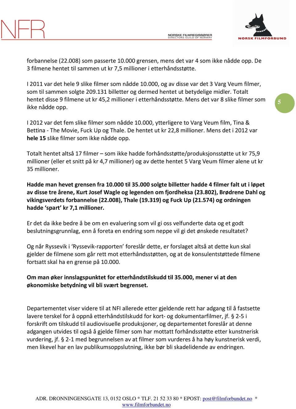 Totalt hentet disse 9 filmene ut kr 45,2 millioner i etterhåndsstøtte. Mens det var 8 slike filmer som ikke nådde opp. 5 I 2012 var det fem slike filmer som nådde 10.