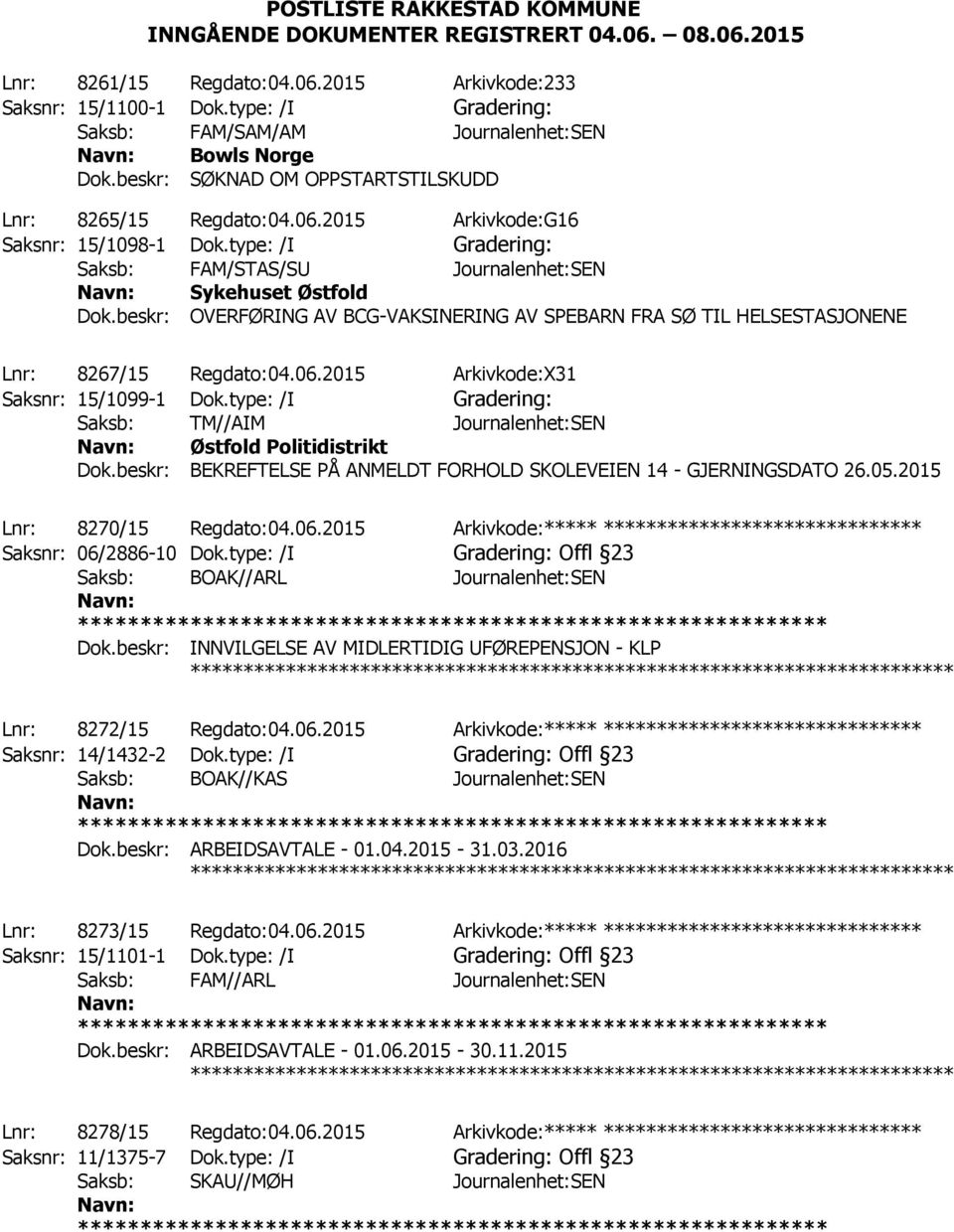 type: /I Gradering: Saksb: FAM/STAS/SU Journalenhet:SEN Sykehuset Østfold Dok.beskr: OVERFØRING AV BCG-VAKSINERING AV SPEBARN FRA SØ TIL HELSESTASJONENE Lnr: 8267/15 Regdato:04.06.