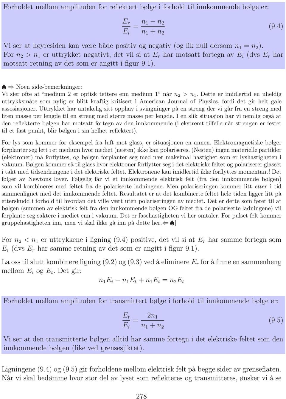 For n 2 >n 1 er uttrykket negativt, det vil si at E r har motsatt fortegn av E i (dvs E r har motsatt retning av det som er angitt i figur 9.1).