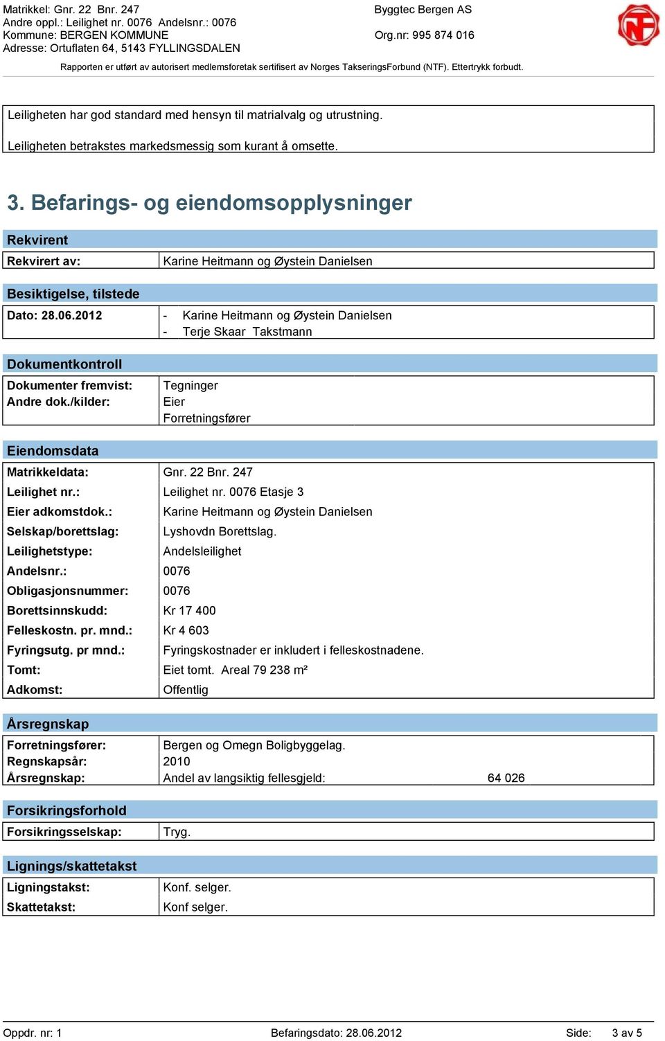 2012 - Karine Heitmann og Øystein Danielsen - Terje Skaar Takstmann Dokumentkontroll Dokumenter fremvist: Andre dok./kilder: Tegninger Eier Forretningsfører Eiendomsdata Matrikkeldata: Gnr. 22 Bnr.