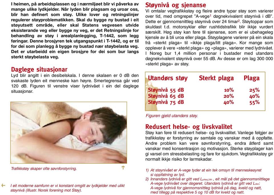 Skal du bygge ny bustad i eit støyutsett område, eller skal Statens vegvesen utvide eksisterande veg eller bygge ny veg, er det Retningslinje for behandling av støy i arealplanlegging, T-1442, som