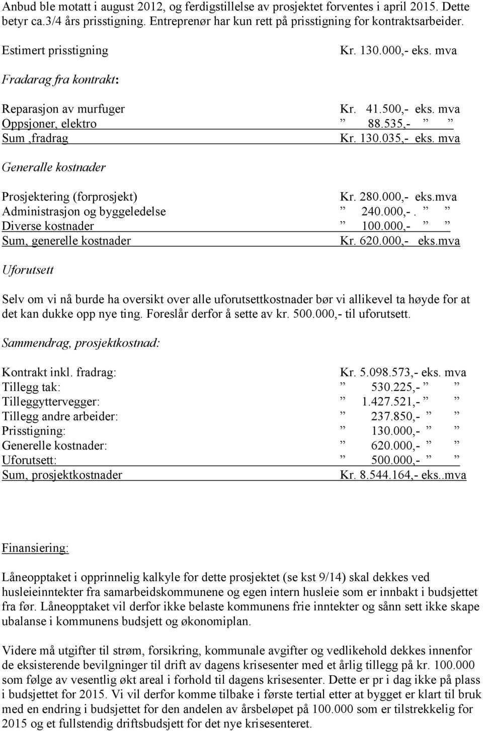 mva Generalle kostnader Prosjektering (forprosjekt) Kr. 280.000,- eks.