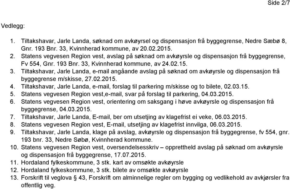 Tiltakshavar, Jarle Landa, e-mail, forslag til parkering m/skisse og to bilete, 02.03.15. 5. Statens vegvesen Region vest,e-mail, svar på forslag til parkering, 04.03.2015. 6.