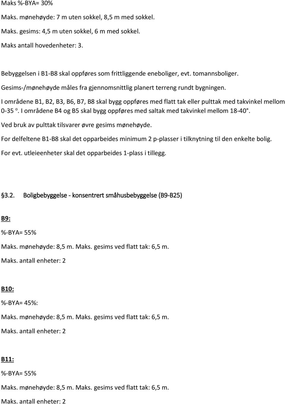 I områdene B1, B2, B3, B6, B7, B8 skal bygg oppføres med flatt tak eller pulttak med takvinkel mellom 0-35 o. I områdene B4 og B5 skal bygg oppføres med saltak med takvinkel mellom 18-40.