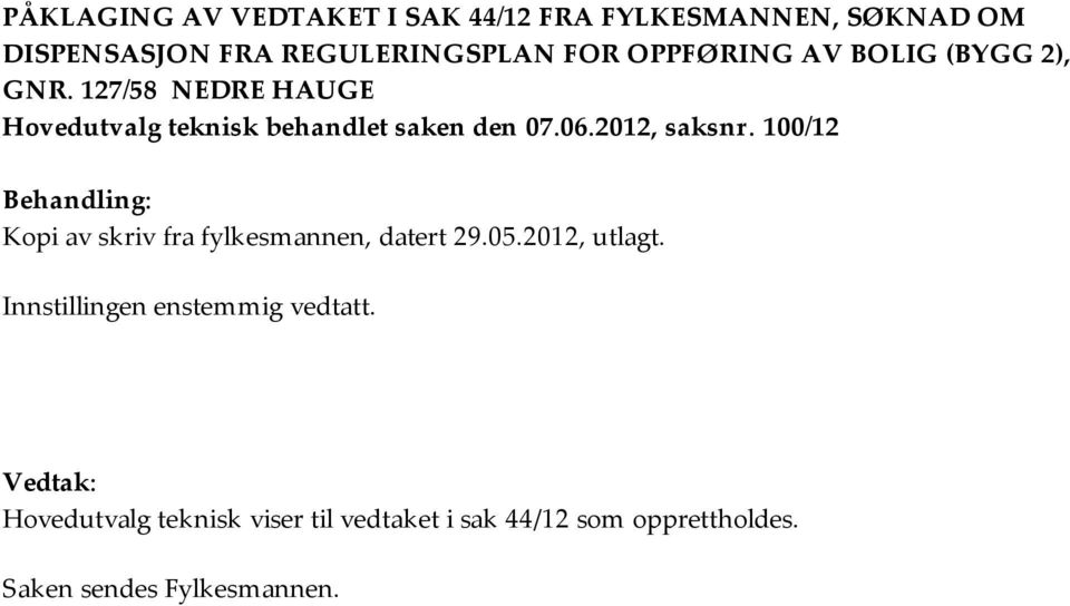 2012, saksnr. 100/12 Behandling: Kopi av skriv fra fylkesmannen, datert 29.05.2012, utlagt.