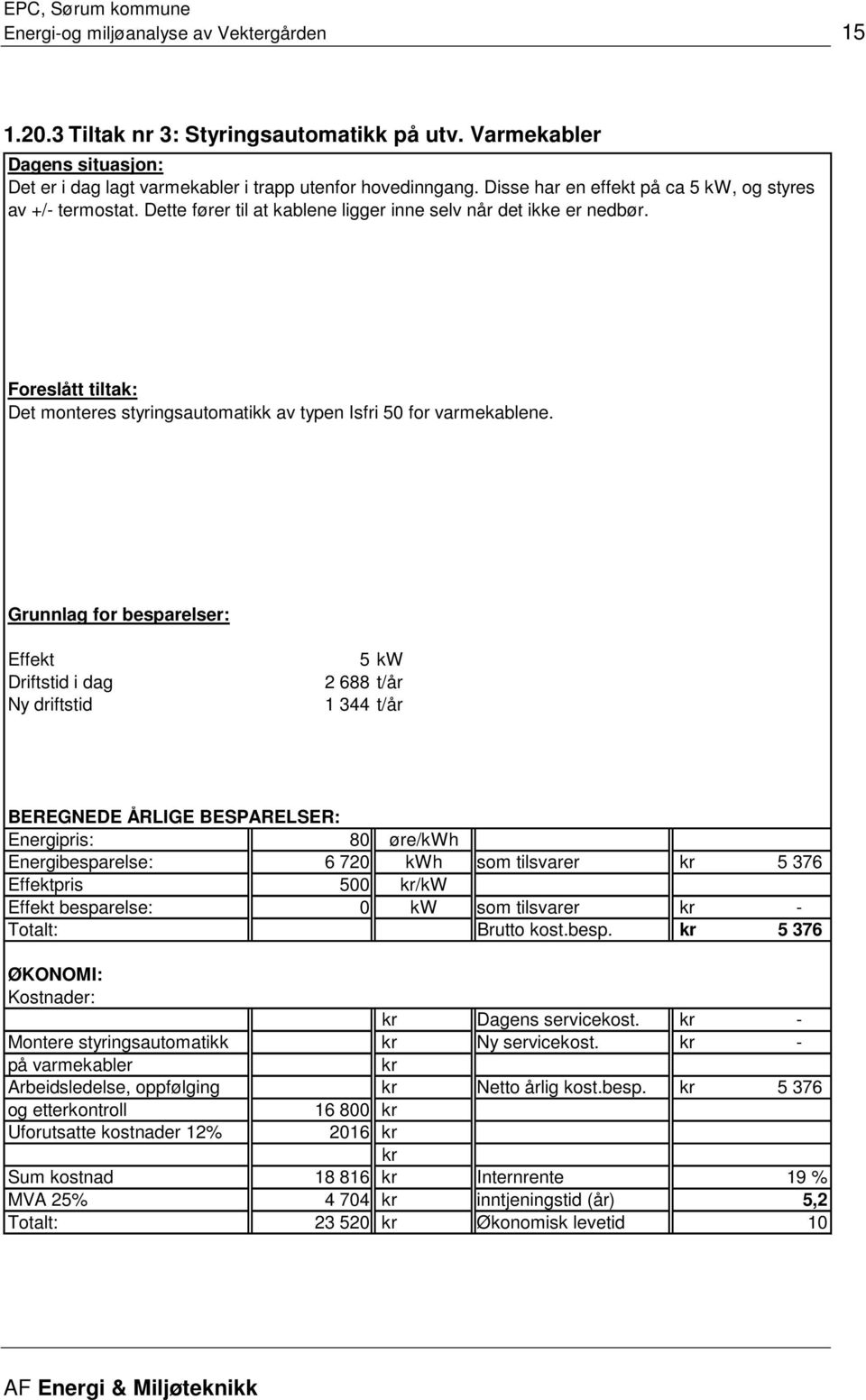 Foreslått tiltak: Det monteres styringsautomatikk av typen Isfri 50 for varmekablene.