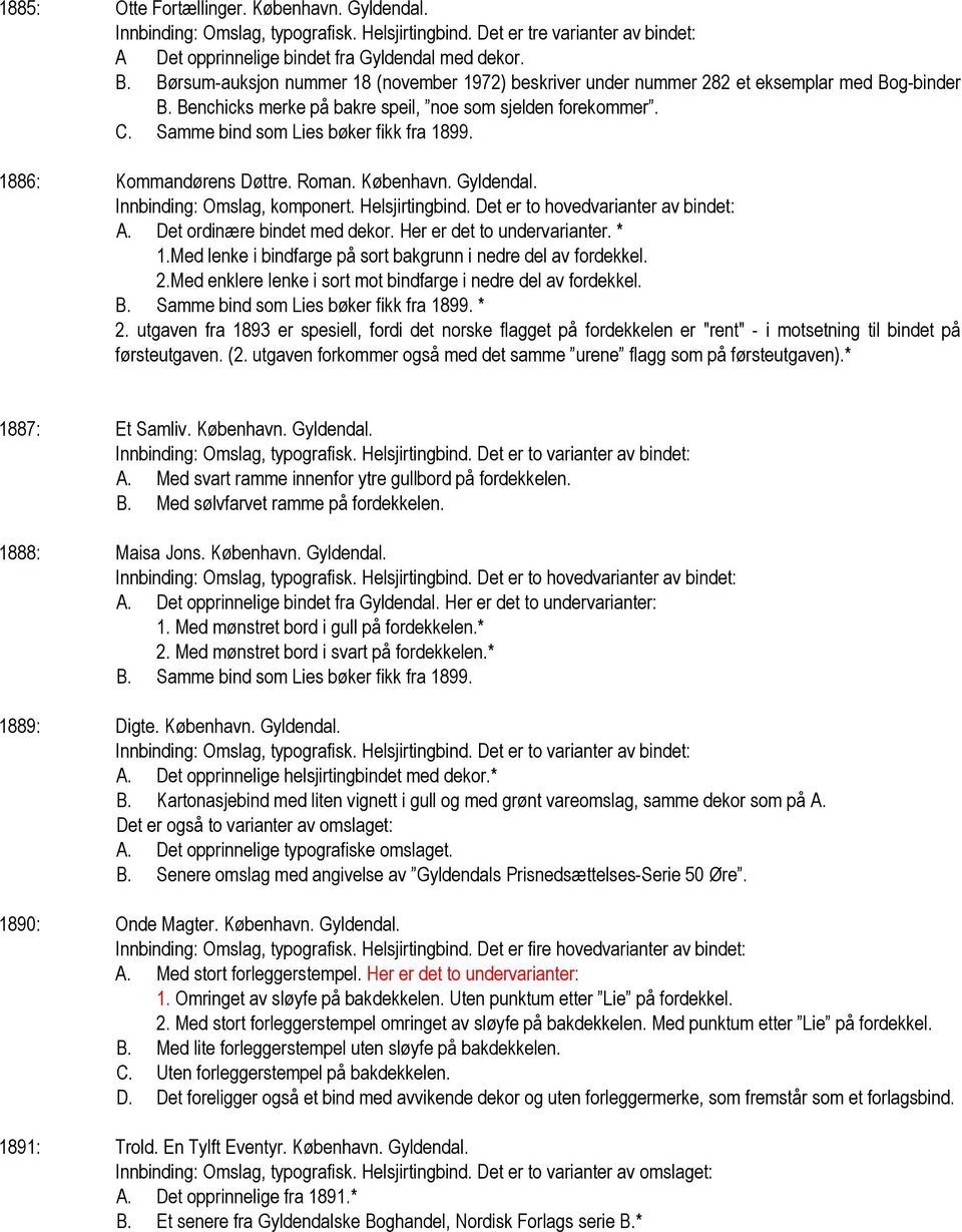 Samme bind som Lies bøker fikk fra 1899. 1886: Kommandørens Døttre. Roman. København. Gyldendal. Innbinding: Omslag, komponert. Helsjirtingbind. Det er to hovedvarianter av bindet: A.