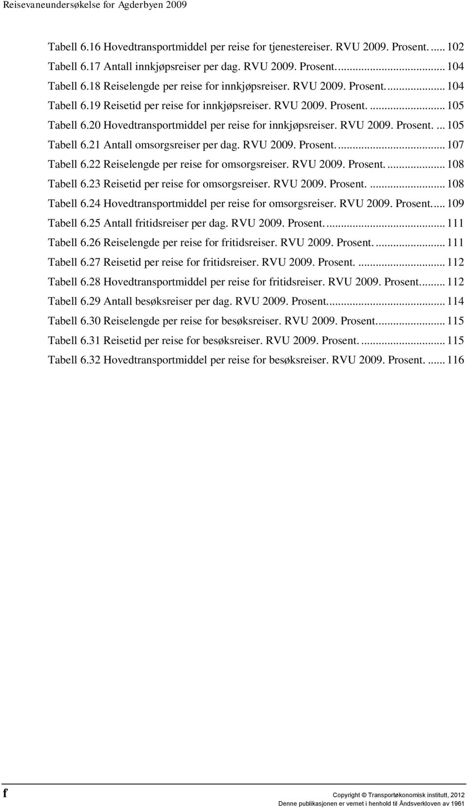 20 Hovedtransportmiddel per reise for innkjøpsreiser. RVU 2009. Prosent.... 105 Tabell 6.21 Antall omsorgsreiser per dag. RVU 2009. Prosent.... 107 Tabell 6.22 Reiselengde per reise for omsorgsreiser.