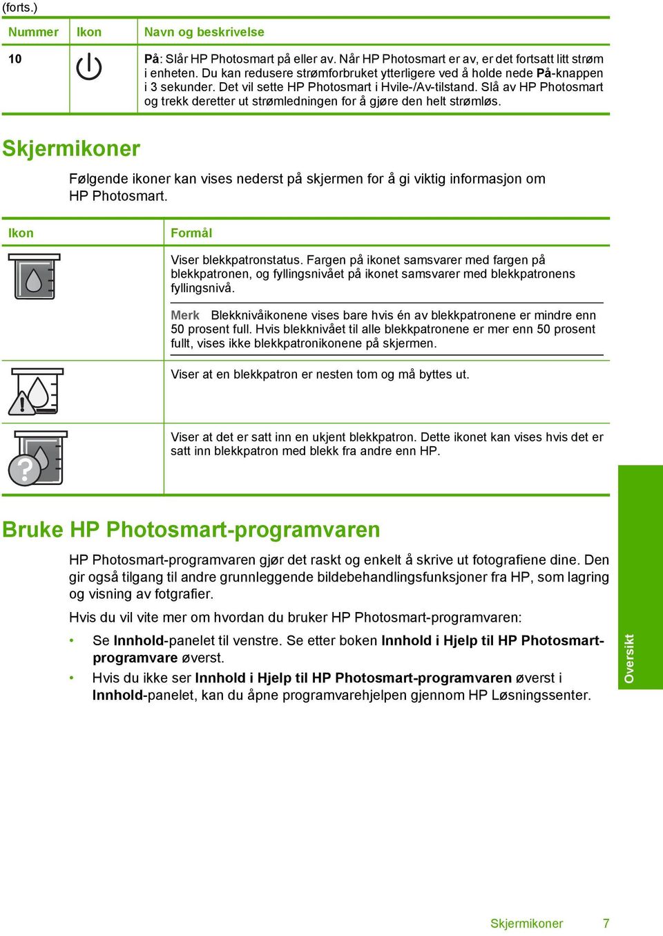 Slå av HP Photosmart og trekk deretter ut strømledningen for å gjøre den helt strømløs. Skjermikoner Følgende ikoner kan vises nederst på skjermen for å gi viktig informasjon om HP Photosmart.