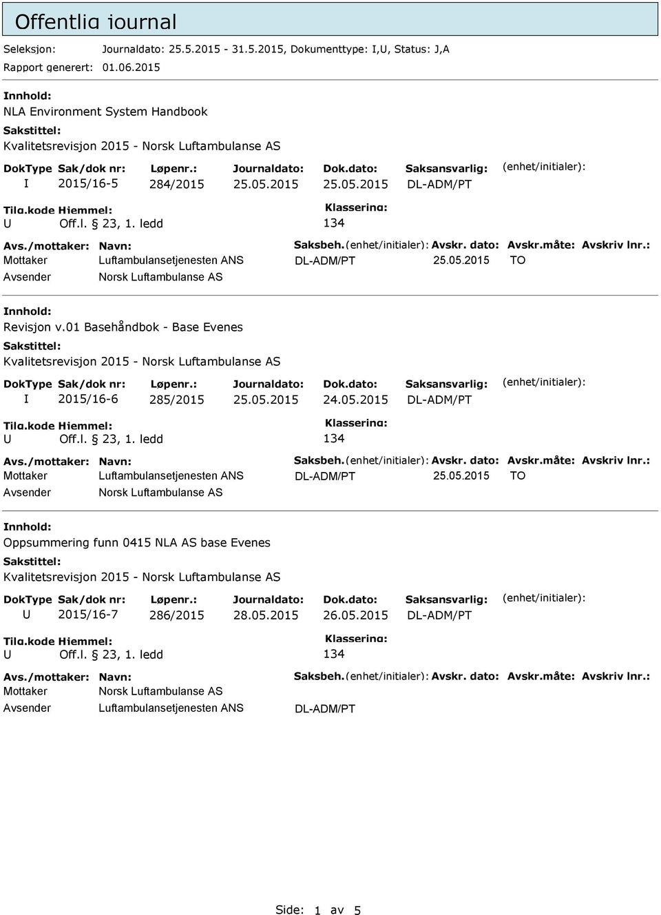 : Mottaker TO Norsk Luftambulanse AS Revisjon v.01 Basehåndbok - Base Evenes 2015/16-6 285/2015 24.05.2015 Avs./mottaker: Navn: Saksbeh. Avskr. dato: Avskr.