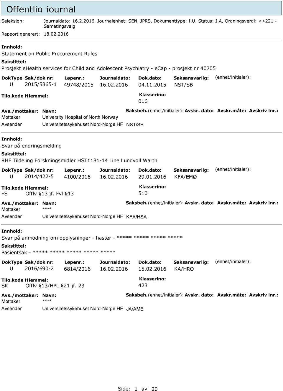 2015 NST/SB 016 Mottaker niversity Hospital of North Norway niversitetssykehuset Nord-Norge HF NST/SB Svar på endringsmelding RHF Tildeling Forskningsmidler HST1181-14 Line Lundvoll Warth 2014/422-5