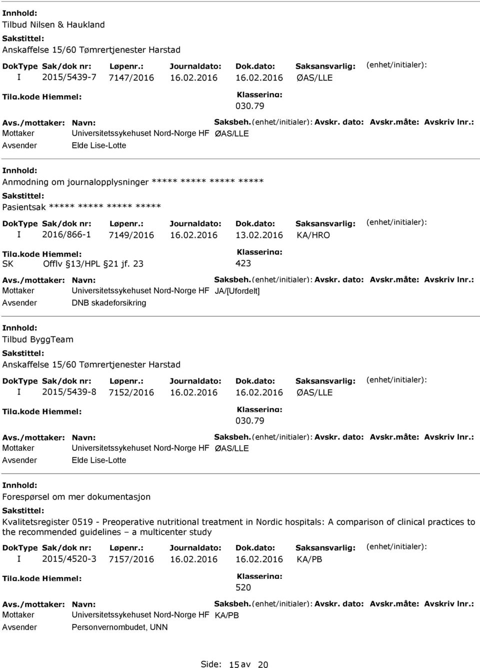 2016 Mottaker niversitetssykehuset Nord-Norge HF JA/[fordelt] DNB skadeforsikring Tilbud ByggTeam Anskaffelse 15/60 Tømrertjenester Harstad 2015/5439-8 7152/2016 Mottaker niversitetssykehuset