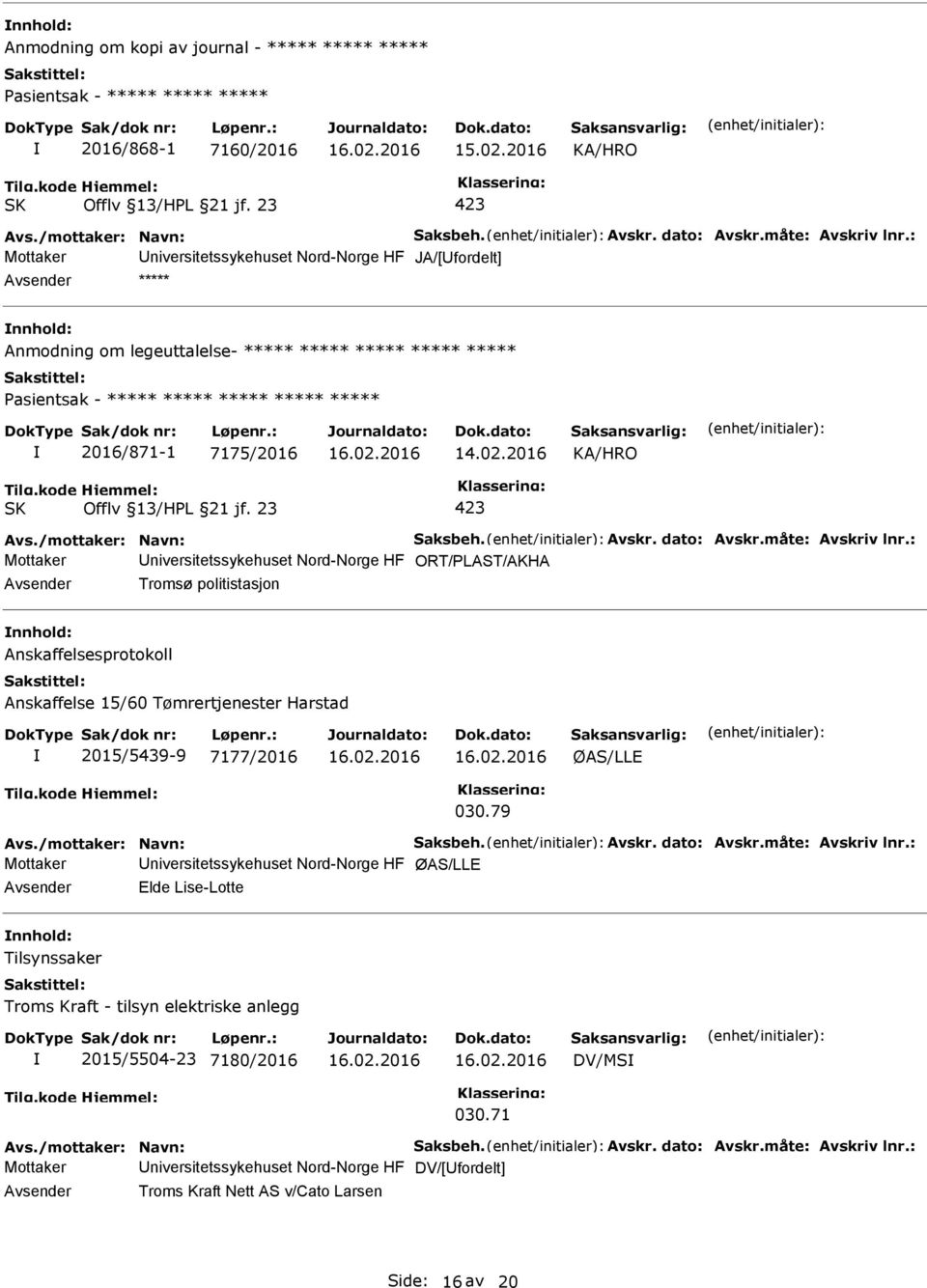 2016 Mottaker niversitetssykehuset Nord-Norge HF ORT/PLAST/AKHA Tromsø politistasjon Anskaffelsesprotokoll Anskaffelse 15/60 Tømrertjenester Harstad 2015/5439-9 7177/2016