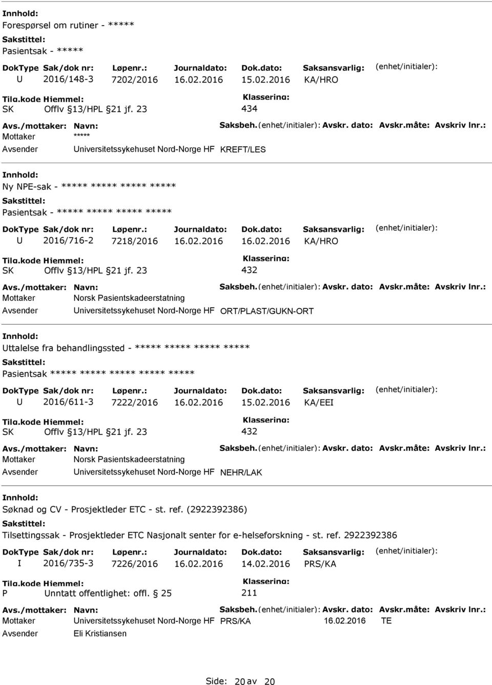 ***** ***** ***** ***** 2016/611-3 7222/2016 KA/EE 432 Mottaker Norsk Pasientskadeerstatning niversitetssykehuset Nord-Norge HF NEHR/LAK Søknad og CV - Prosjektleder ETC - st. ref.