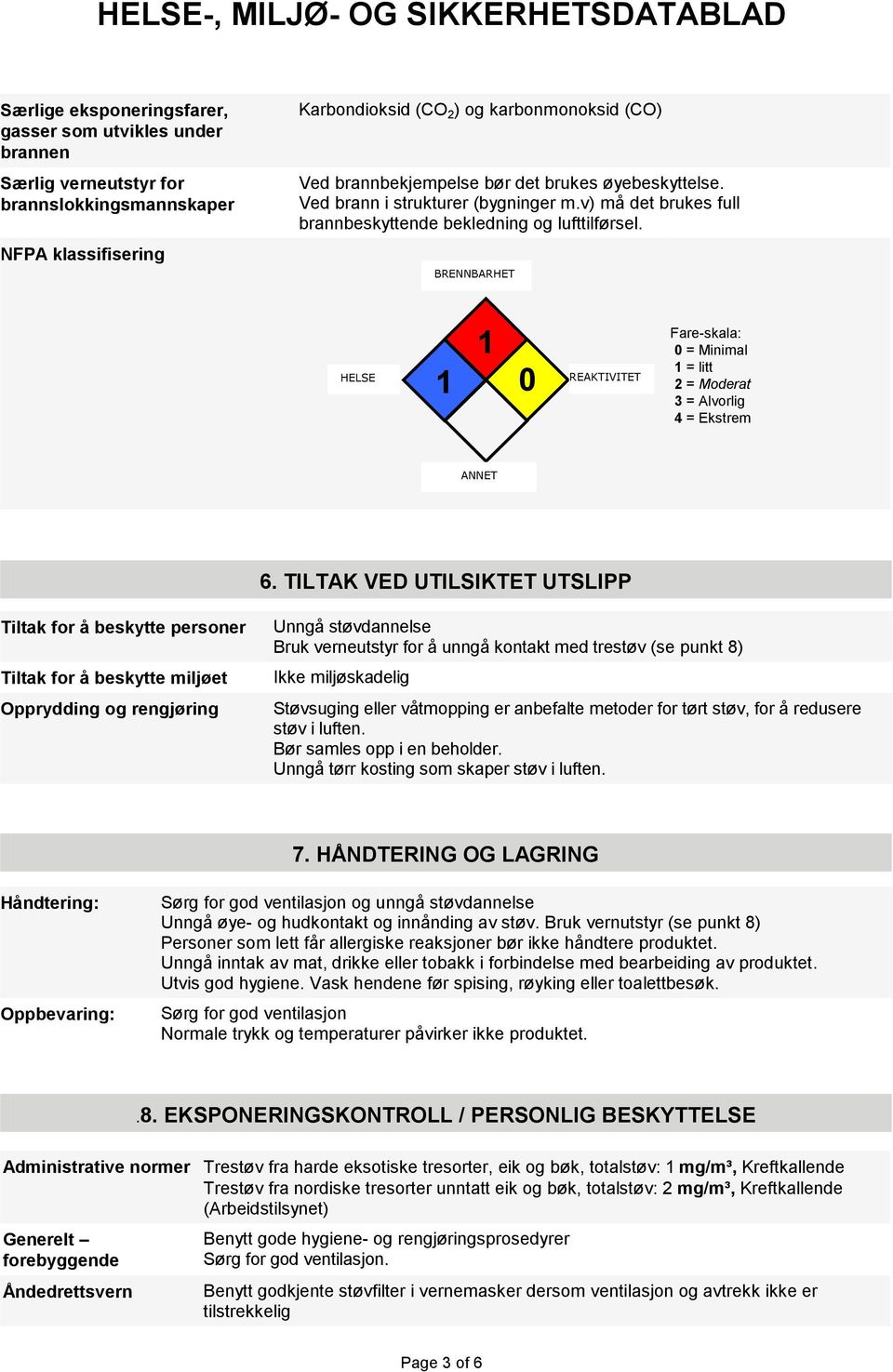 BRENNBARHET FLAMMABILITY HEALTH HELSE 1 1 0 REAKTIVITET REACTIVITY Fare-skala: 0 = Minimal 1 = litt 2 = Moderat 3 = Alvorlig 4 = Ekstrem OTHER ANNET 6.