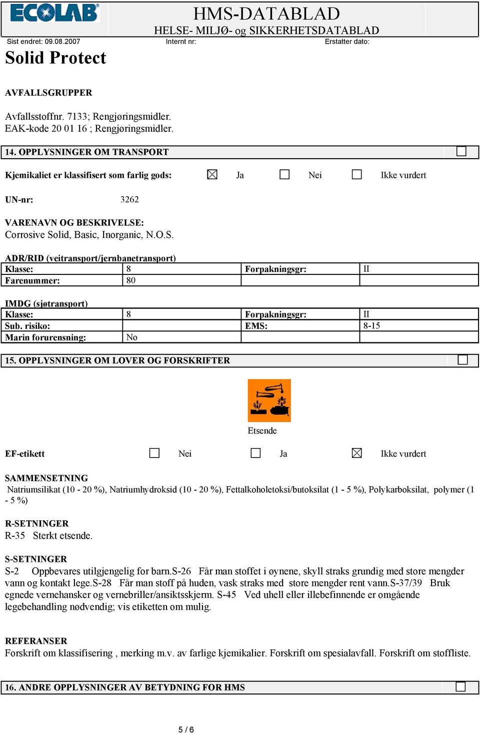 risiko: EMS: 8-15 Marin forurensning: No 15.