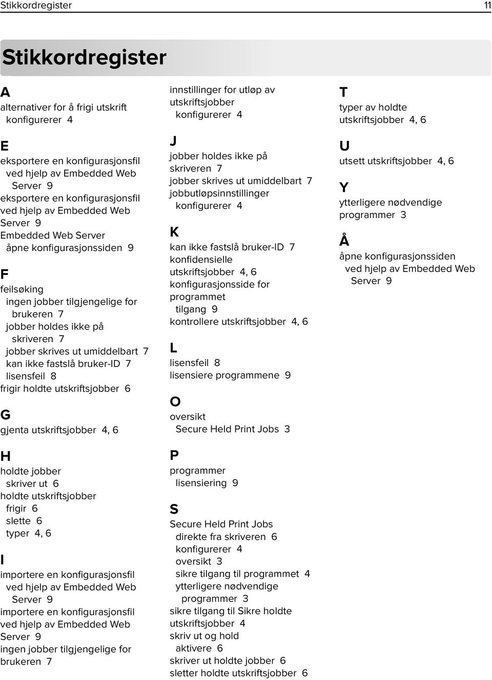 ikke fastslå bruker-id 7 lisensfeil 8 frigir holdte utskriftsjobber 6 G gjenta utskriftsjobber 4, 6 H holdte jobber skriver ut 6 holdte utskriftsjobber frigir 6 slette 6 typer 4, 6 I importere en