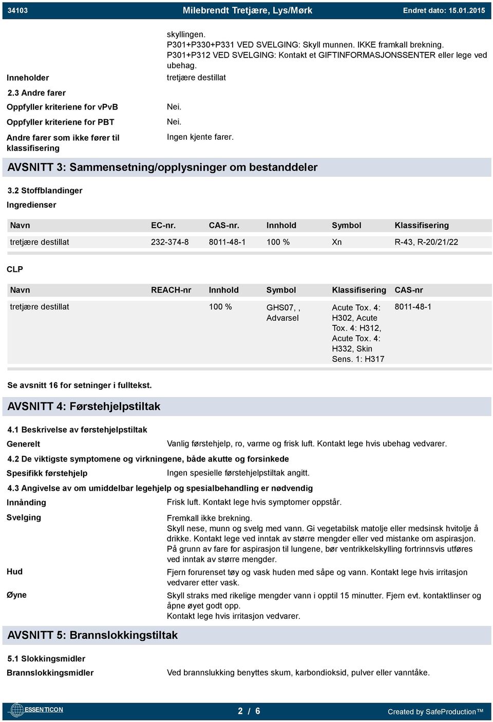 AVSNITT 3: Sammensetning/opplysninger om bestanddeler 3.2 Stoffblandinger Ingredienser Navn EC-nr. CAS-nr.