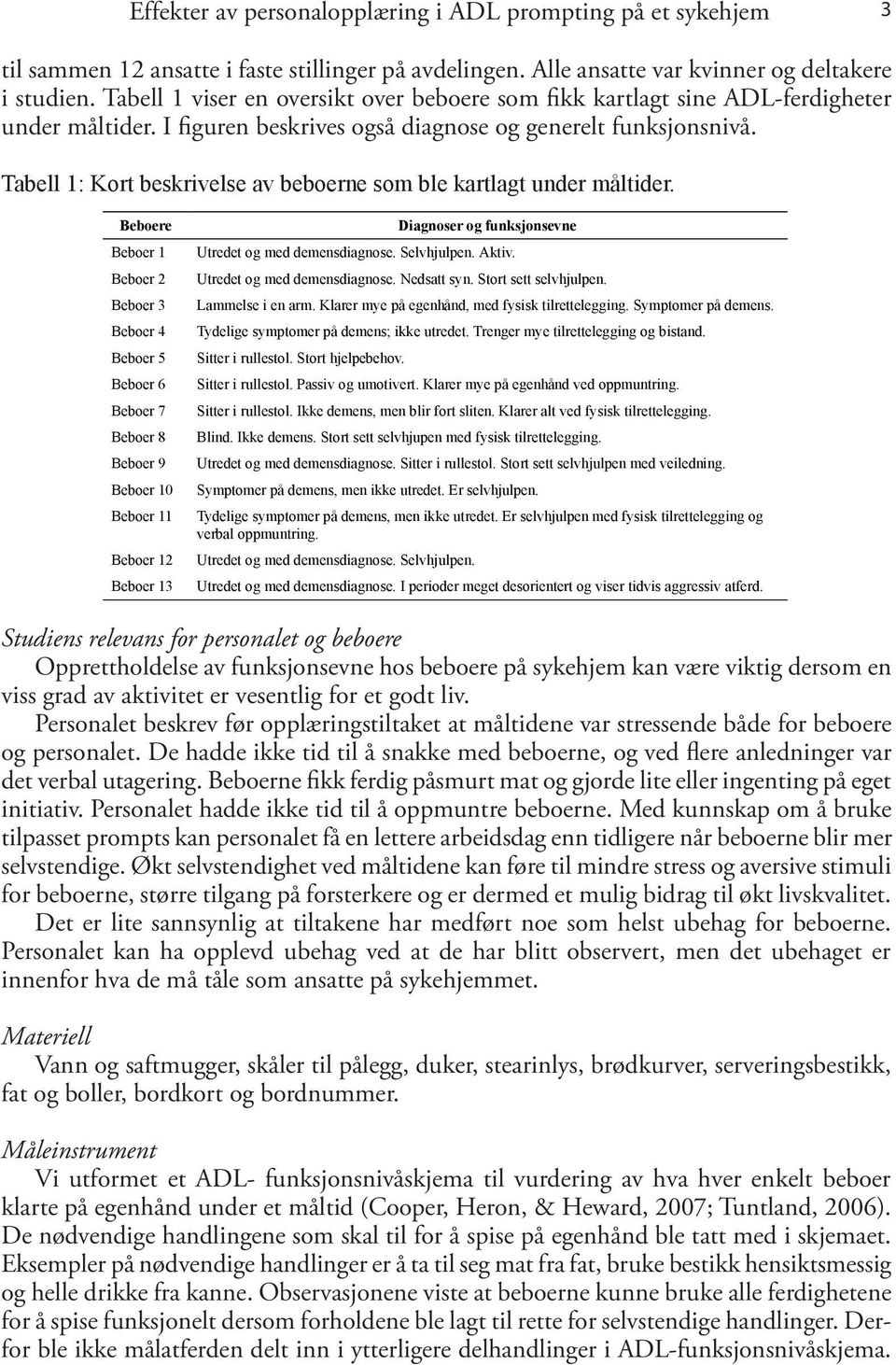 Tabell 1: Kort beskrivelse av beboerne som ble kartlagt under måltider.